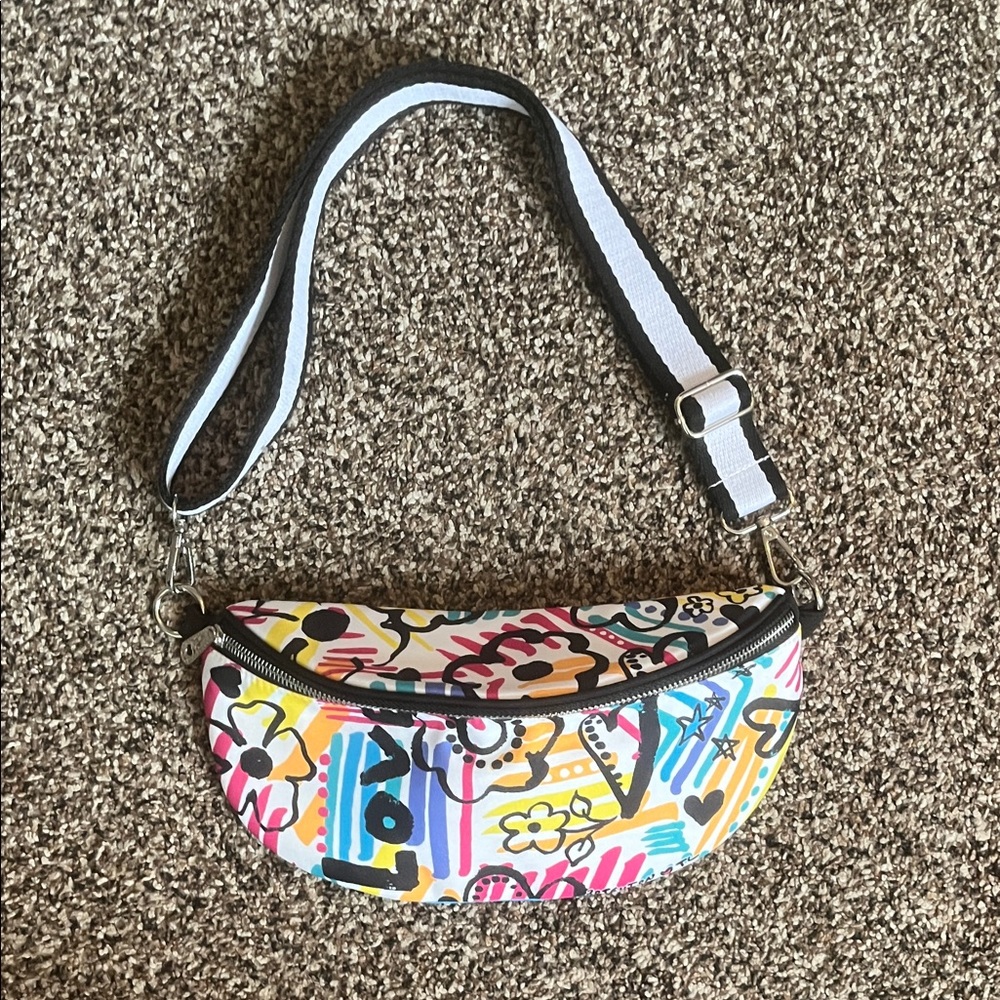 Brighton Multicolor Floral Graphic Crossbody Bag with Black & White Strap